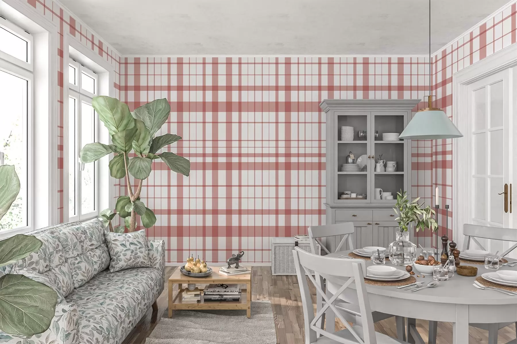 Fototapeedid Minimalistlik ruuduline muster õhukeste ja punaste joontega valgel taustal, geomeetriline rangus. w02852v2