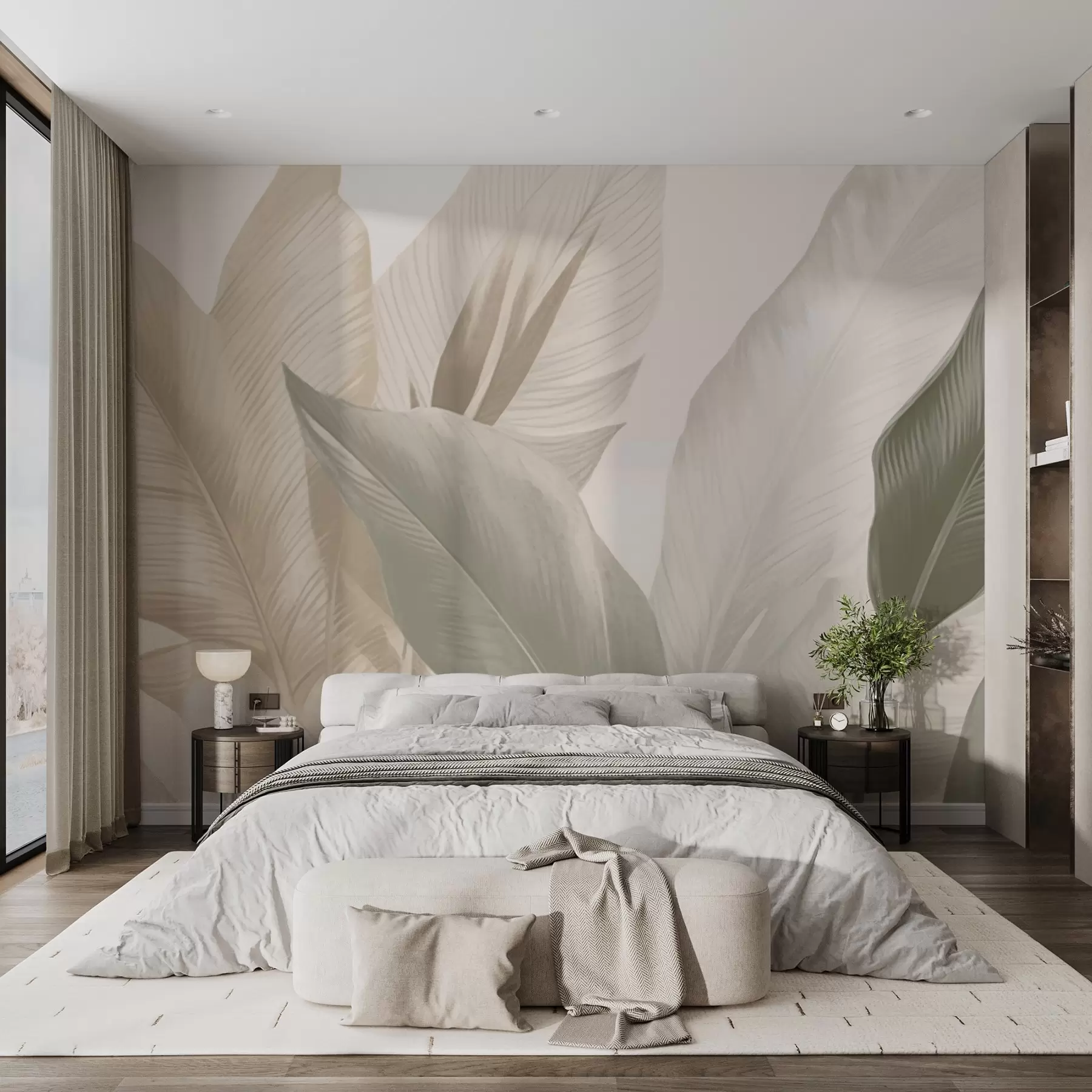 Fototapeedid Pehmetes beežides ja rohelistes toonides troopilised lehed, akvarelli efektiga ja õrnade värvide üleminekutega. w02854