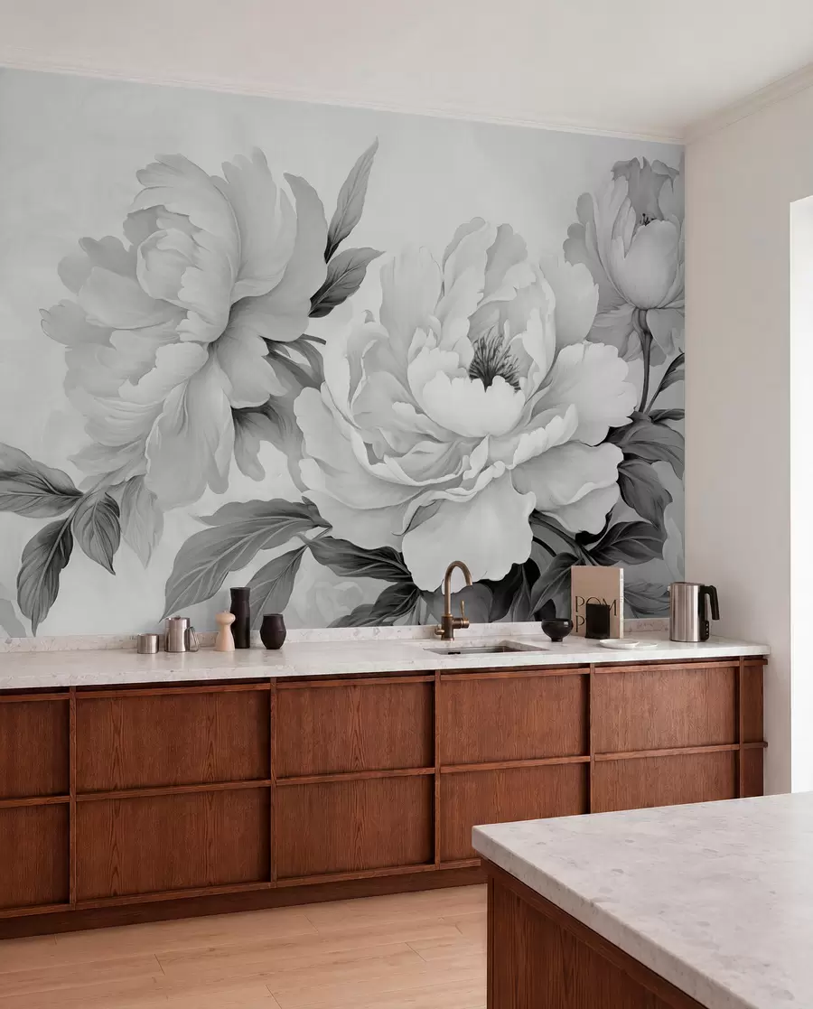 Fototapeedid Luksuslikud pioonid halli varjundites, õrnade kroonlehtede ja lehtede detailidega, mis loovad elegantse ja rahulikku atmosfääri w02856