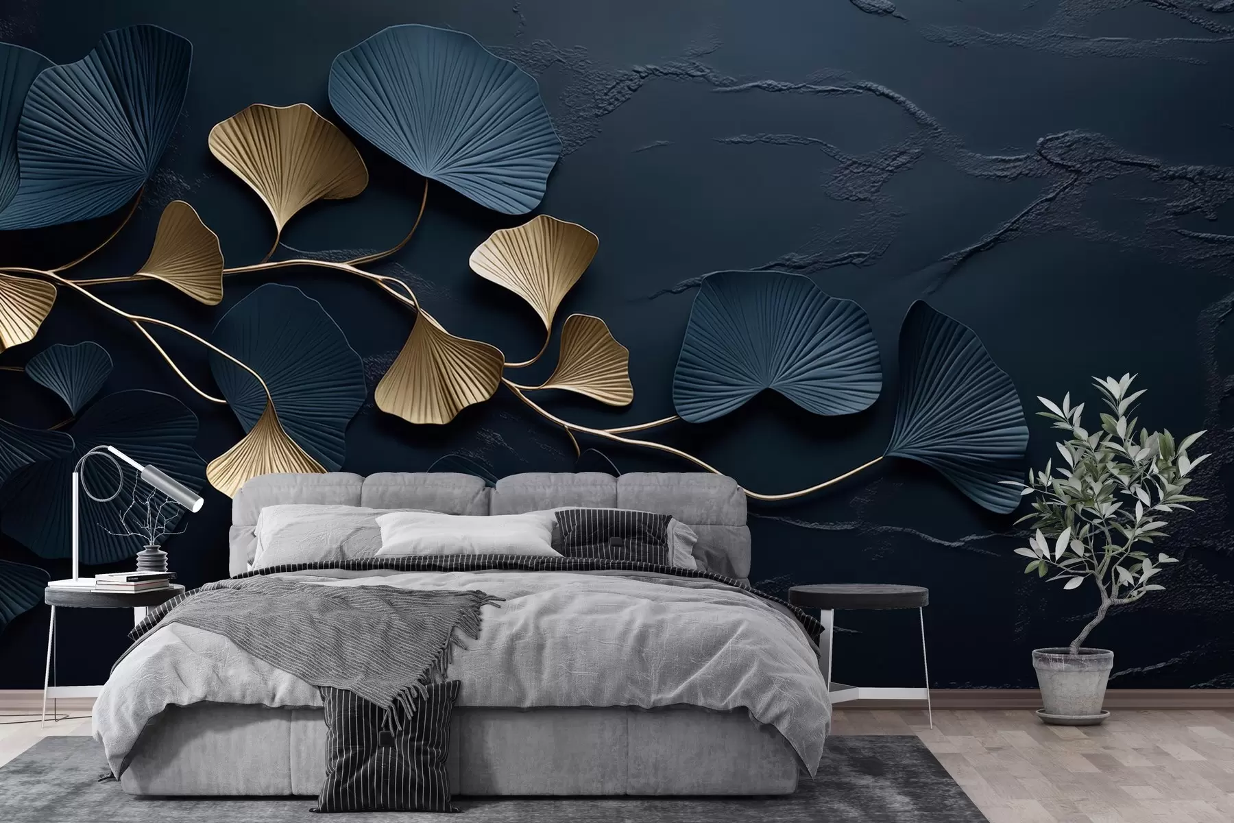 Fototapeedid Mahuline lehtedega haru betoonseinal w02841