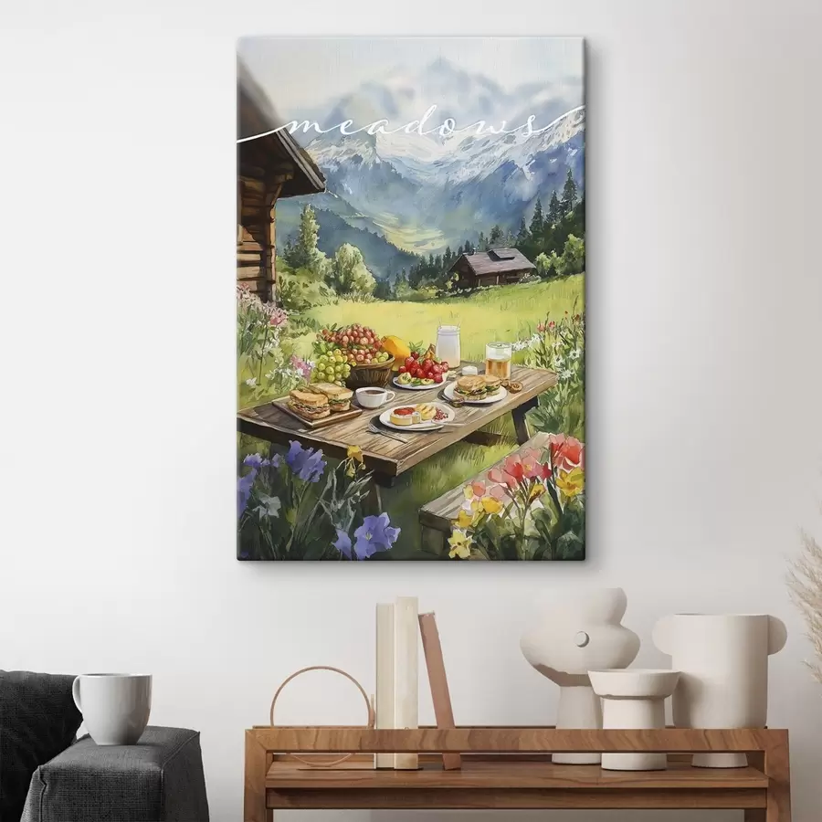 Pilt Mägimaastikud, suvine heinamaa, metsamajad, hommikusöök s42425