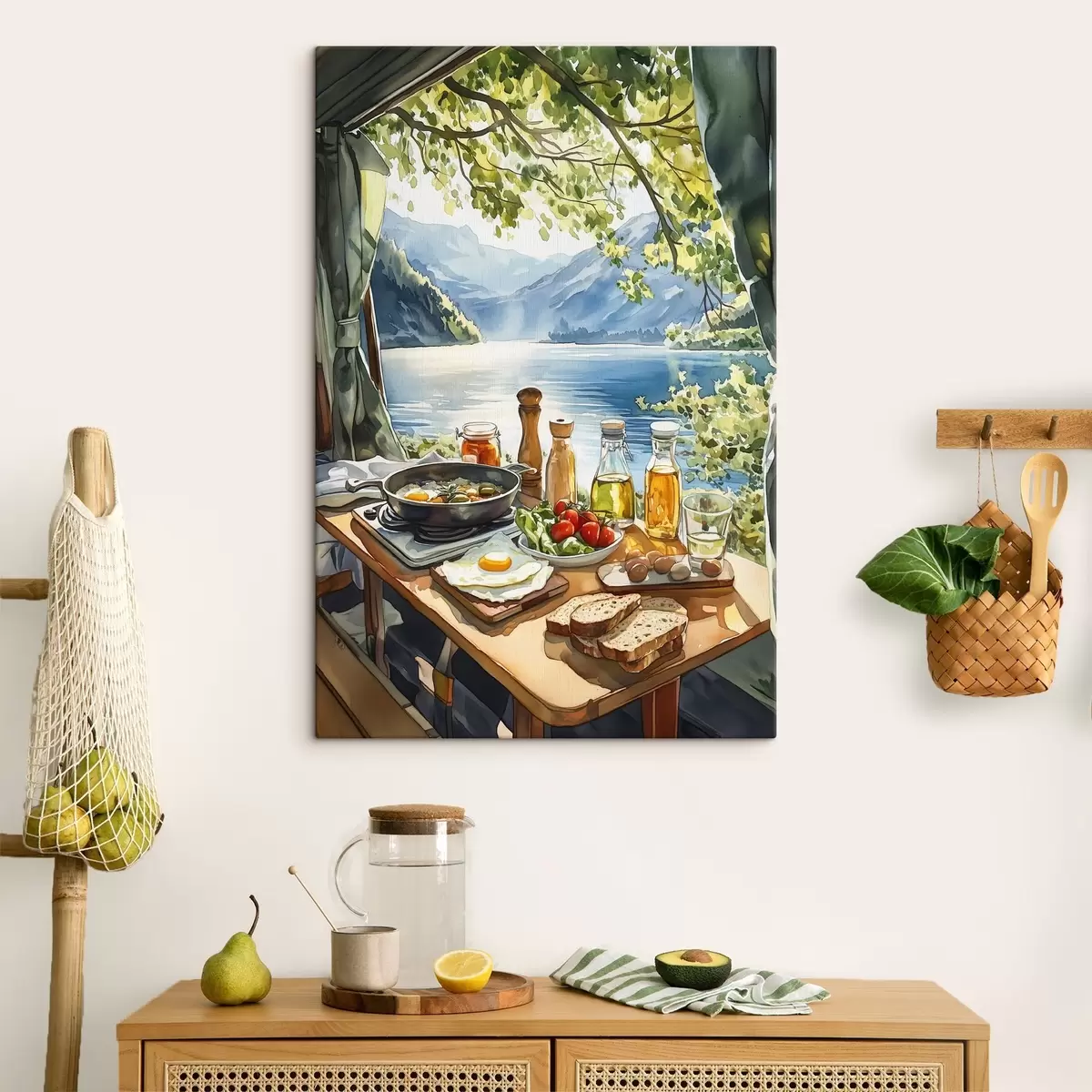 Pilt Ilus suvehommik, järv, akvarellstiil, hommikusöök, reisimine s42433