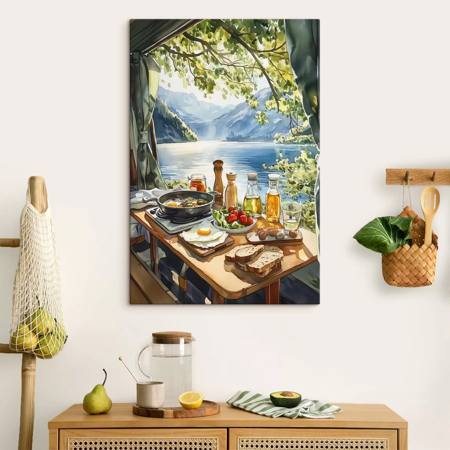 Fototapeedid Ilus suvehommik, järv, akvarellstiil, hommikusöök, reisimine s42433