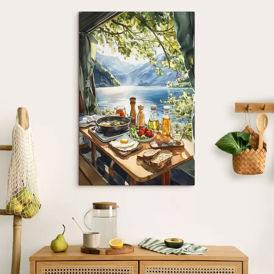 Pilt Ilus suvehommik, järv, akvarellstiil, hommikusöök, reisimine s42433