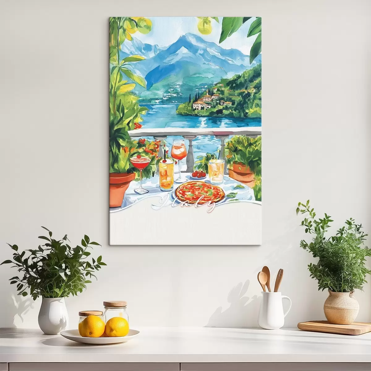 Pilt Itaalia esteetika, akvarellistiil, pitsa ja kokteilid, mäed s42434