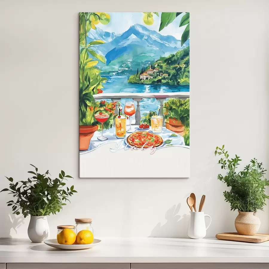 Pilt Itaalia esteetika, akvarellistiil, pitsa ja kokteilid, mäed s42434