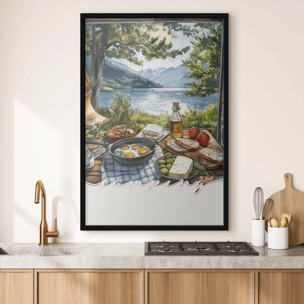 Plakat Telkimise esteetika, akvarellistiil, suvine järv, loodus, toit f42428