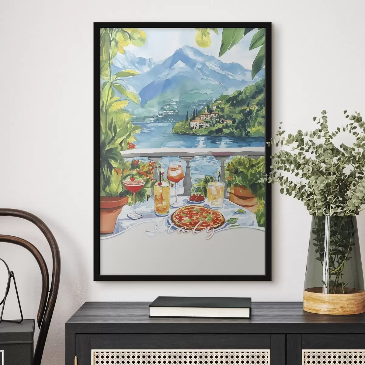 Plakat Itaalia esteetika, akvarellistiil, pitsa ja kokteilid, mäed f42434