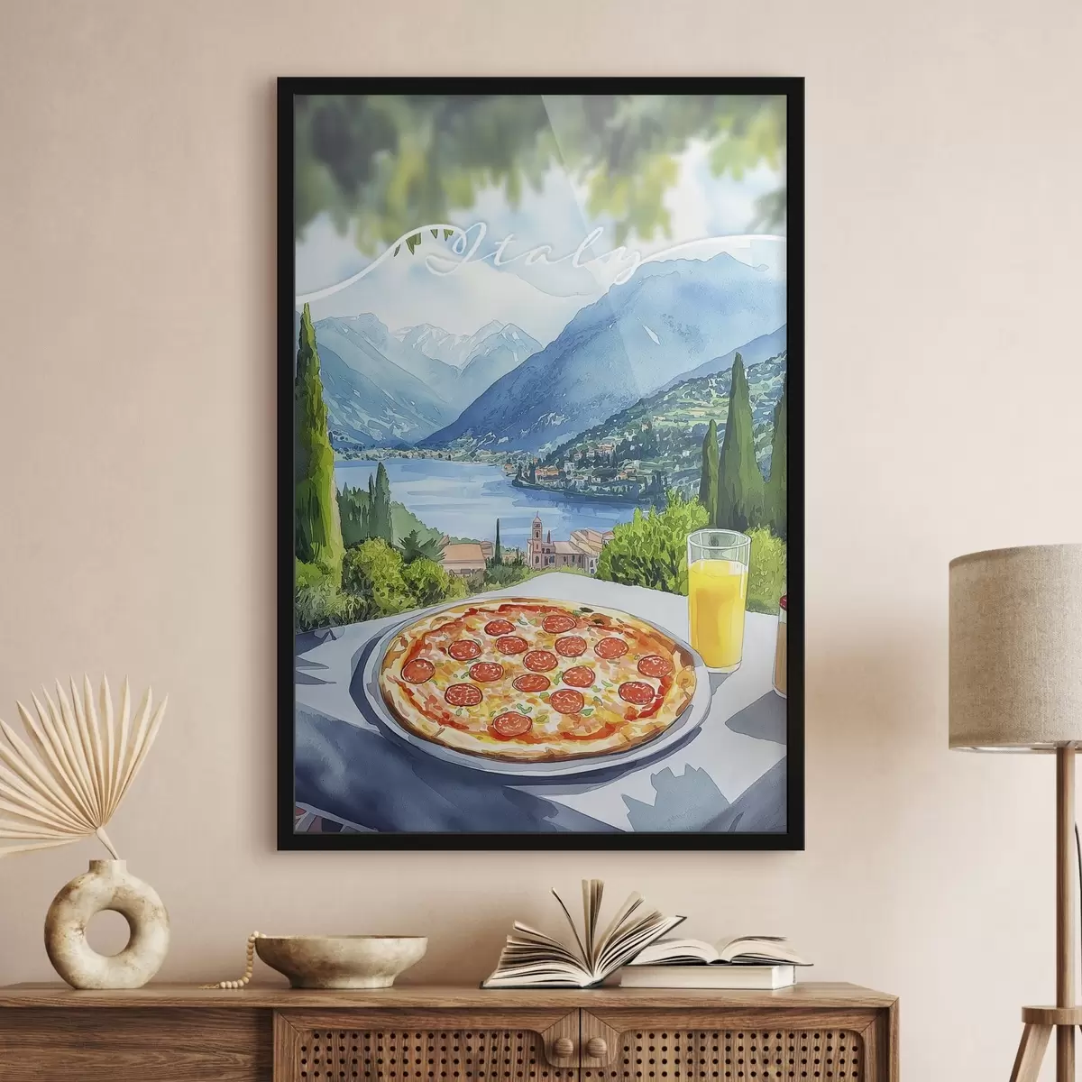 Plakat Akvarellistiil, Itaalia, pizza, vanalinn, mäed maastik f42435