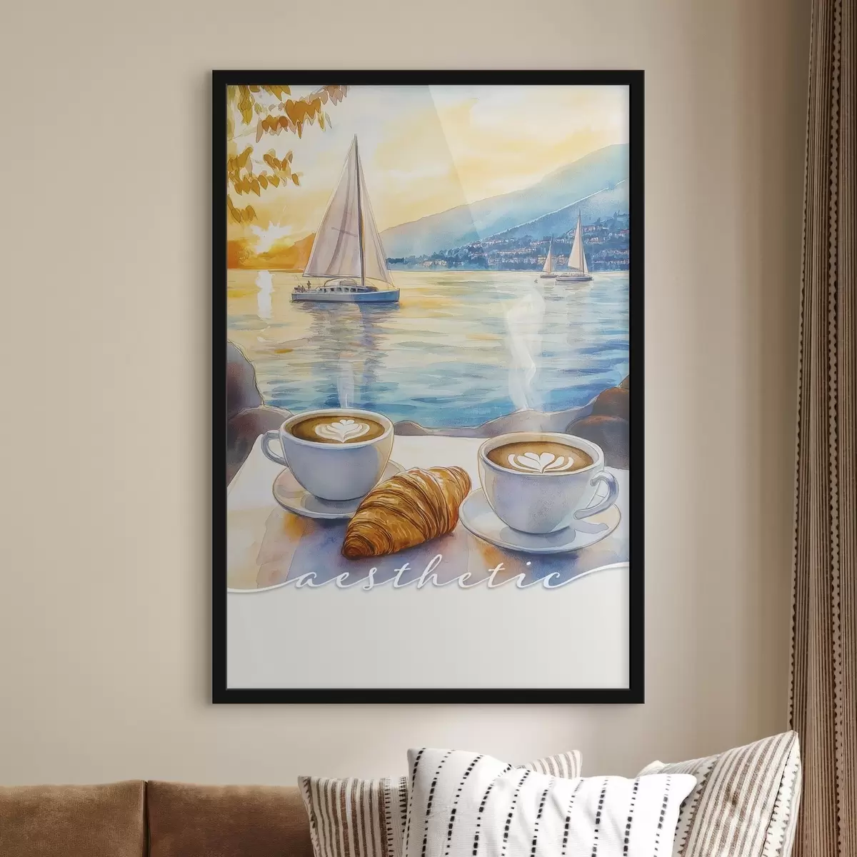 Plakat Kaks tassi cappuccino, akvarellstiilis, mere päikeseloojang, purjekad, kutsumus f42438