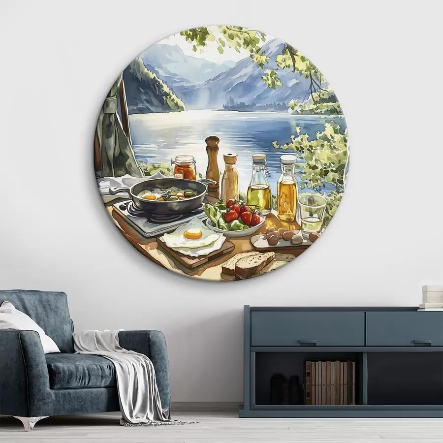 Pilt Ilus suvehommik, järv, akvarellstiil, hommikusöök, reisimine r42433