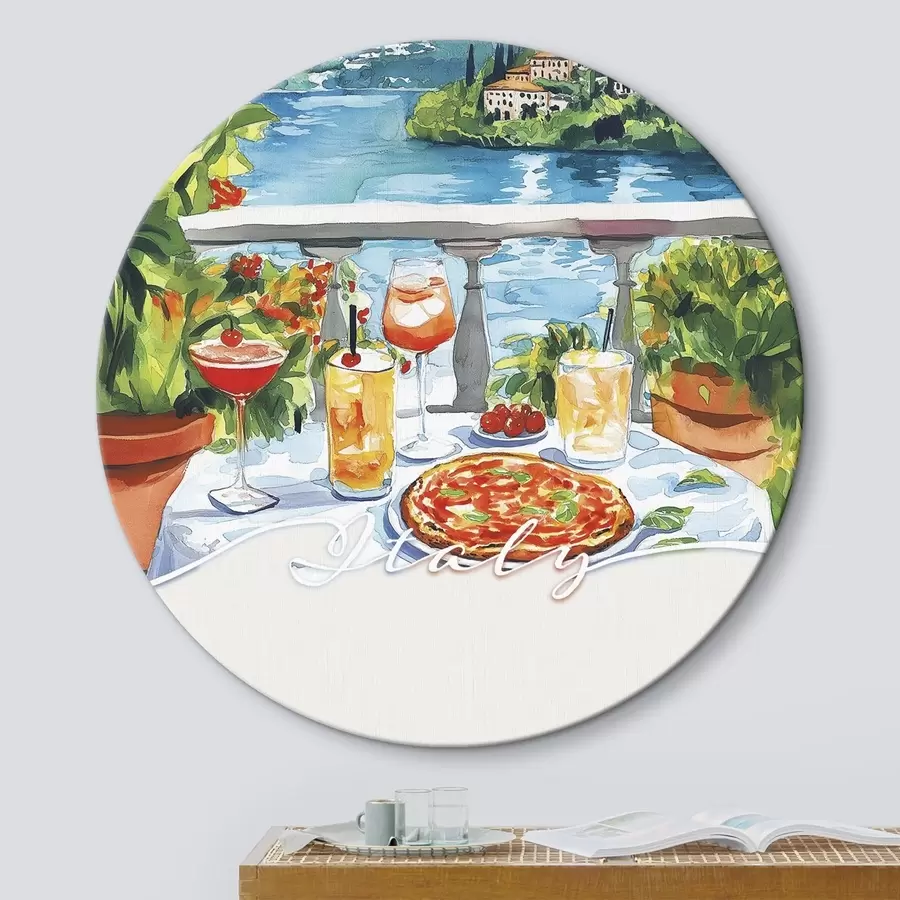 Pilt Itaalia esteetika, akvarellistiil, pitsa ja kokteilid, mäed r42434