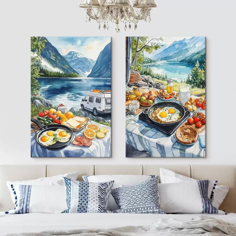 Pilt Hommikusöök looduses, reisimine, õues elamine, akvarellistiil, Norra m00404