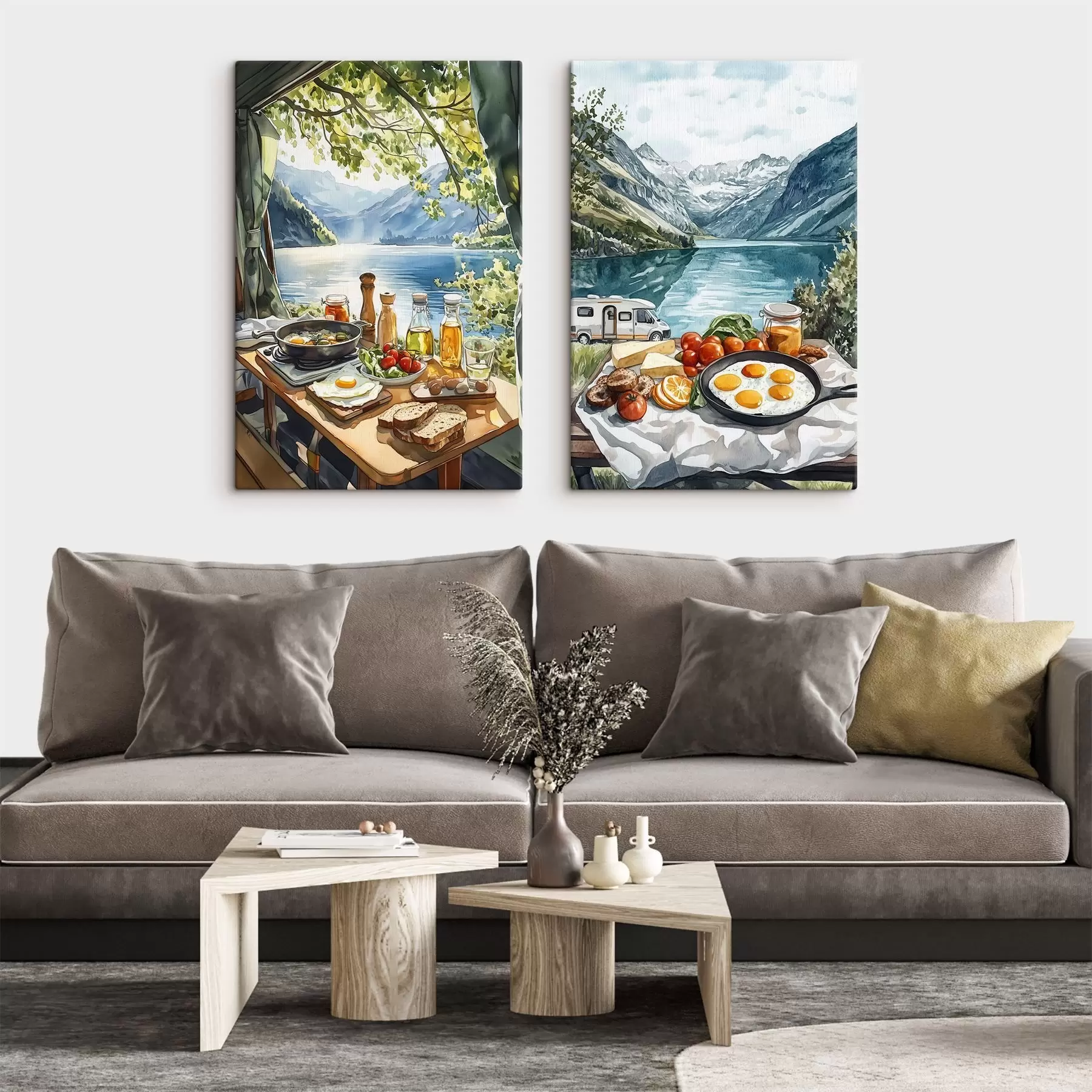 Pilt Telkimine, esteetiline hommikusöök järve ääres, akvarellistiilis m00405