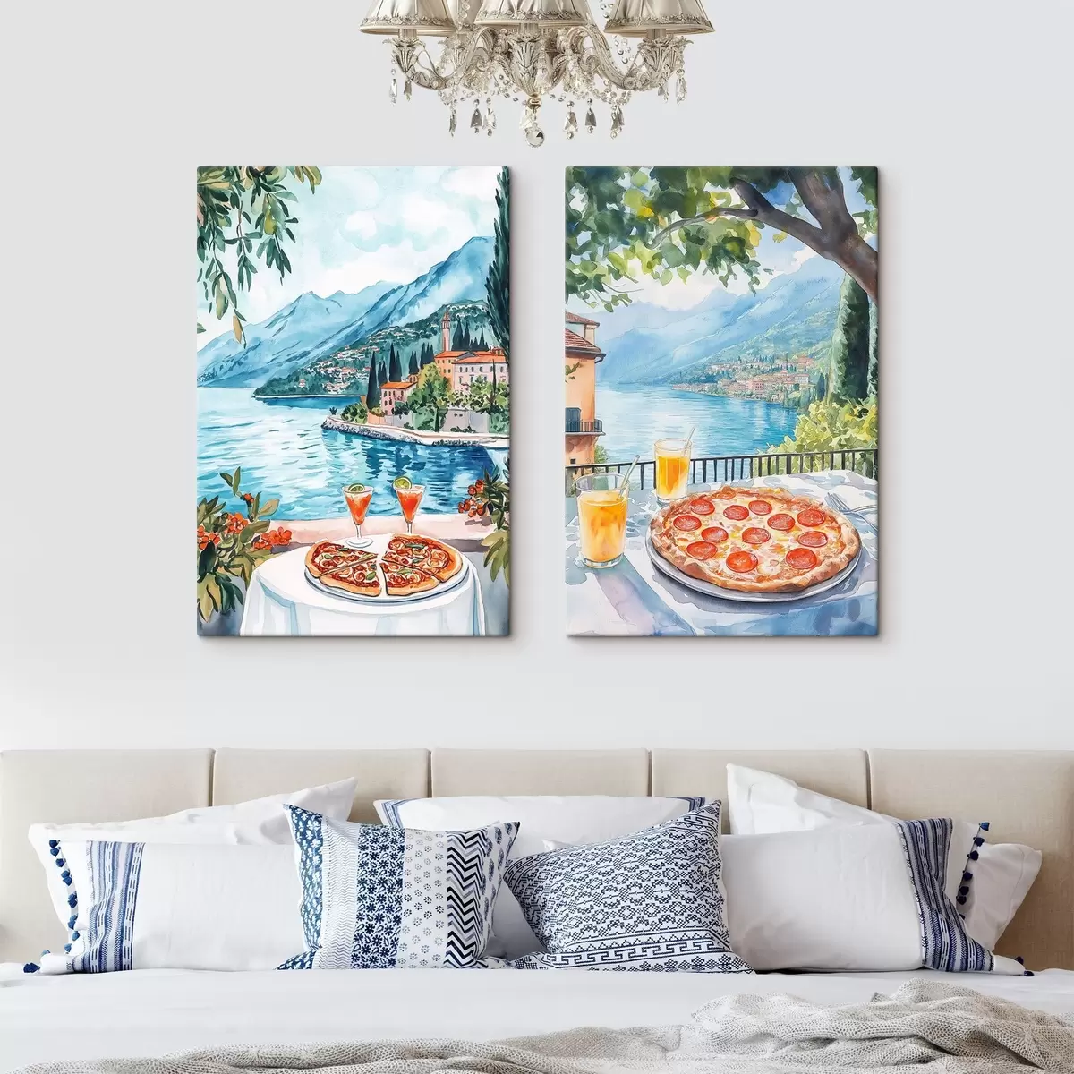 Pilt Como järv, brunch Itaalias, akvarellistiil, pizza margarita, suvine loodus m00406