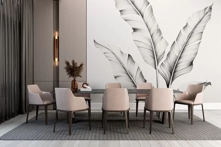 Fototapeedid Must-valge graafika banaanilehtedest w02866