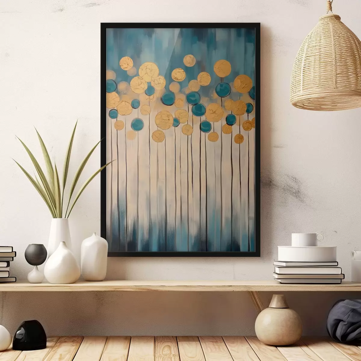 Plakat Dekoratiivne abstraktsioon ümmarguste elementidega sinisel ja beežil taustal f42476
