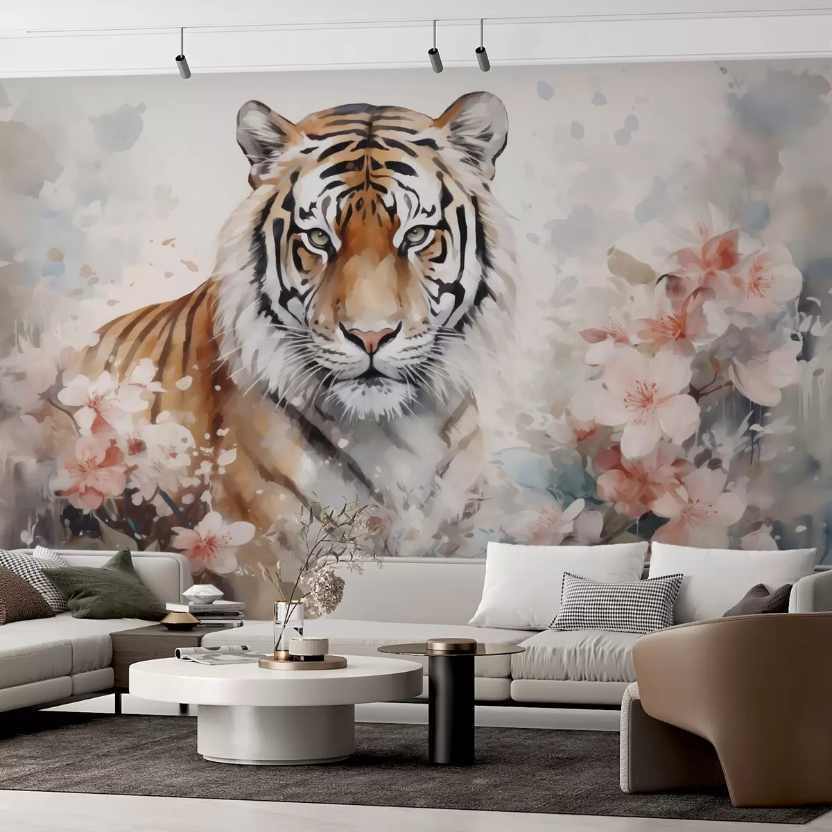 Fototapeedid Abstraktne tiiger lillede imitatsioon akvarellililledega w02892