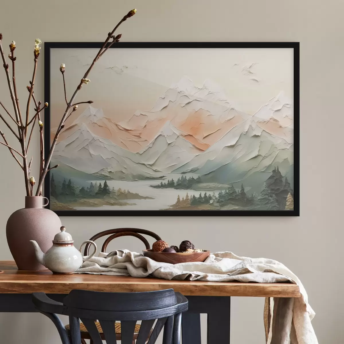 Plakat Mäed jõe ääres pintslitõmmete imitatsioon f42589