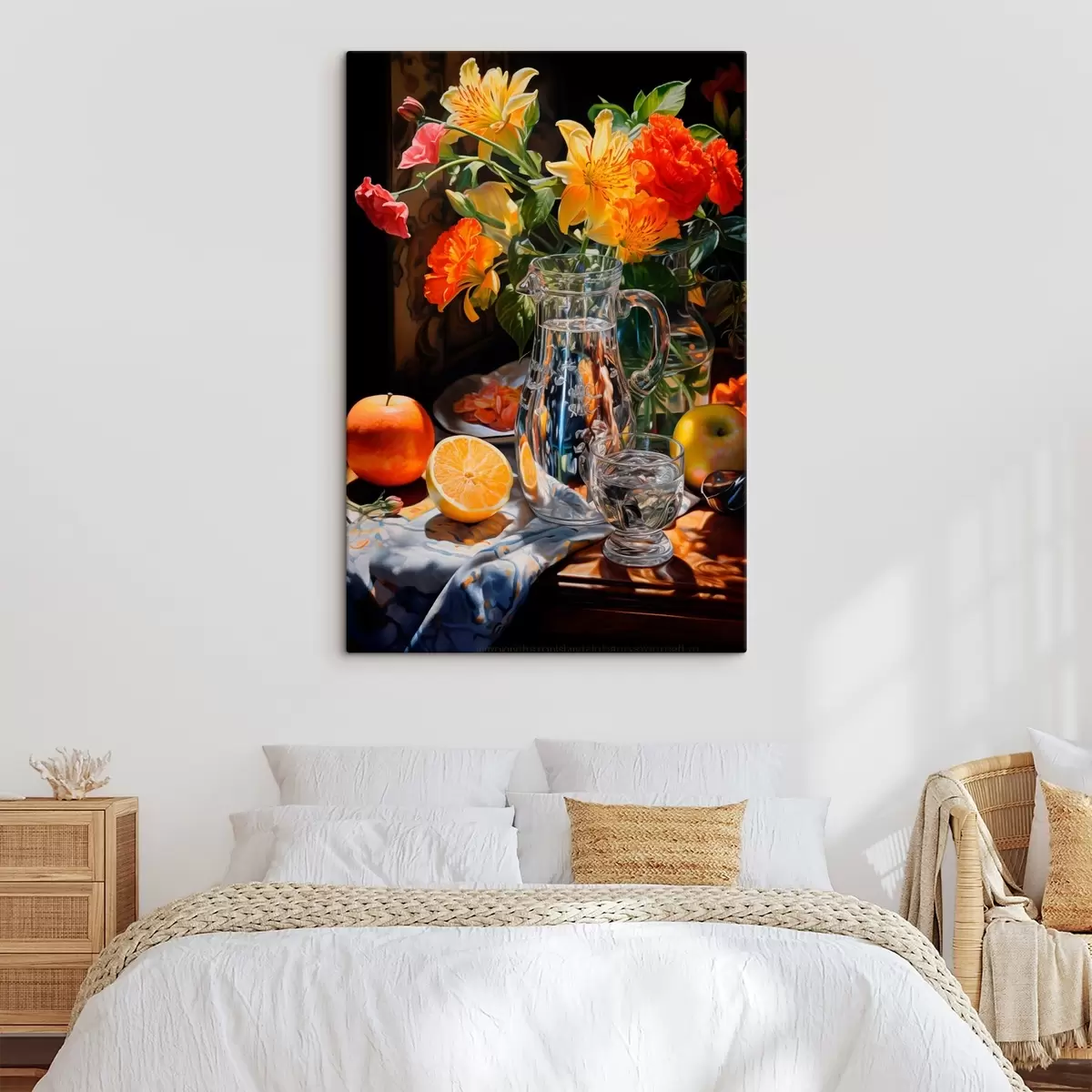 Pilt Vaikne vaatepilt, millel on kollastes ja punastes toonides heledate lillede kimp, klaasist kann, tsitrusviljad ja õunad valgustatud laual. s42560