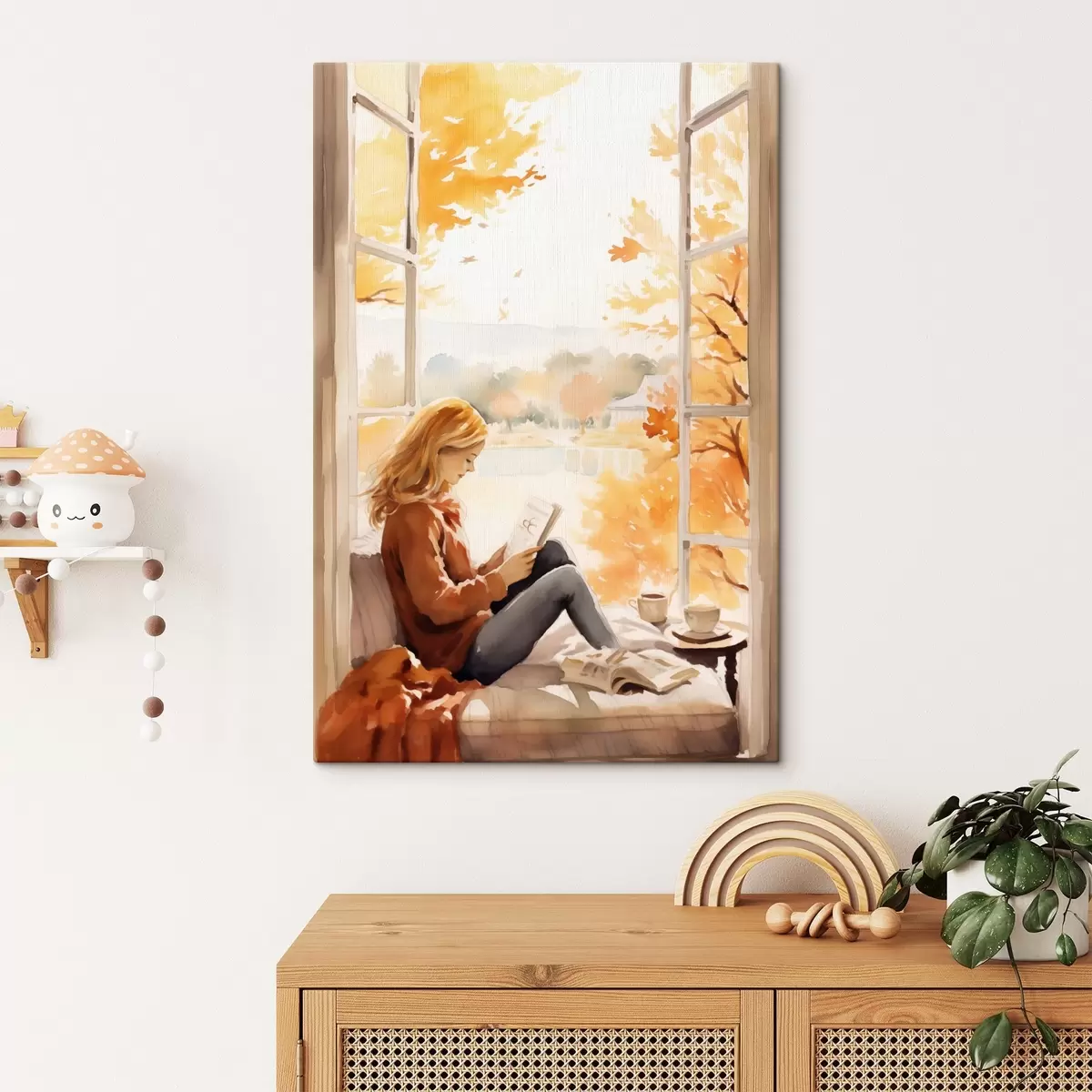 Pilt Tüdruk loeb raamatut avatud akna juures sügiseses maastikus, taustal heledad puud ja lähedal tass teed. s42572