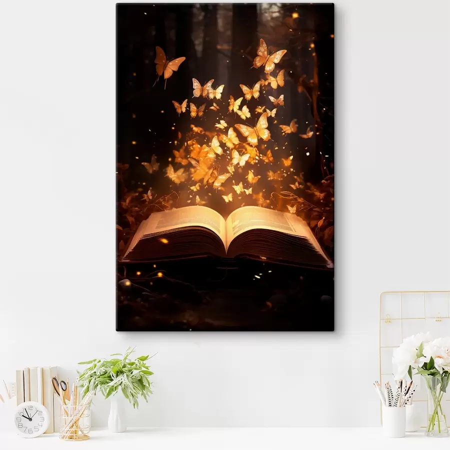 Pilt Avatud raamat, millest väljuvad helendavad liblikad, mis säravad valguskiirtes pimedas maagilises metsas. s42573