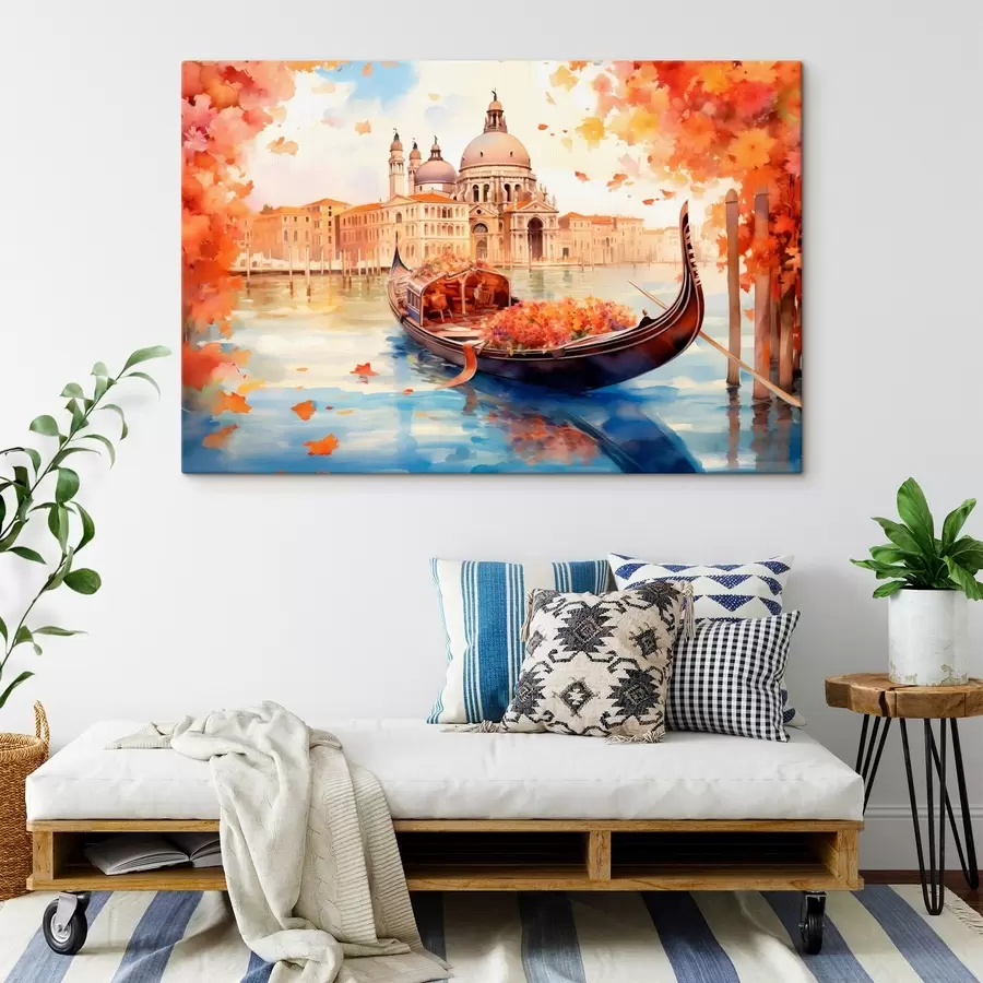 Fototapeedid Sügisene vaade Veneetsiale, kus gondlit ümbritsevad erksavärvilised oranžid ja punased lehed ning hoonete peegeldused rahulikus kanalivees. s42576