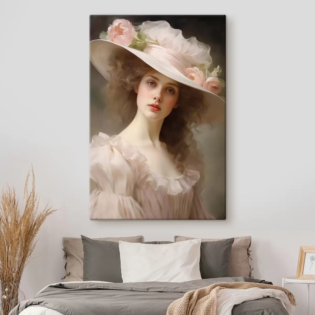 Pilt Portree noorest naisest õrnas roosas kleidis ja lilledega kaunistatud mütsis, romantilise ja rafineeritud ilmega. s42581