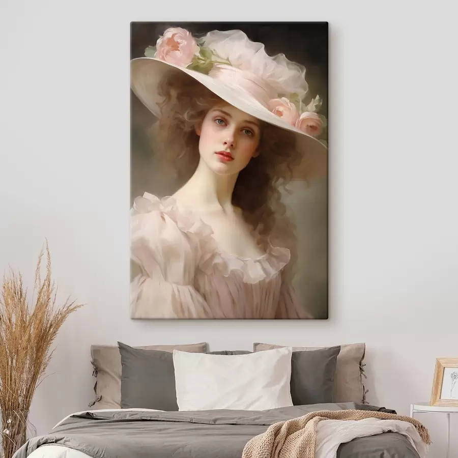 Pilt Portree noorest naisest õrnas roosas kleidis ja lilledega kaunistatud mütsis, romantilise ja rafineeritud ilmega. s42581