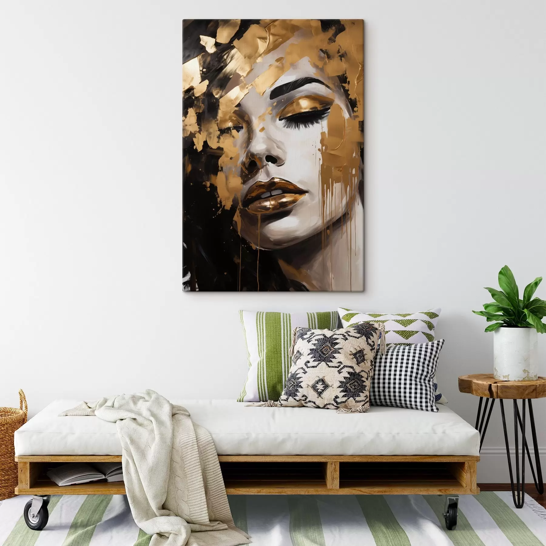 Pilt Abstraktne portree naisest, millel on rikkalikud pintslitõmbed soojades toonides, luues elava ja dramaatilise pildi s42619