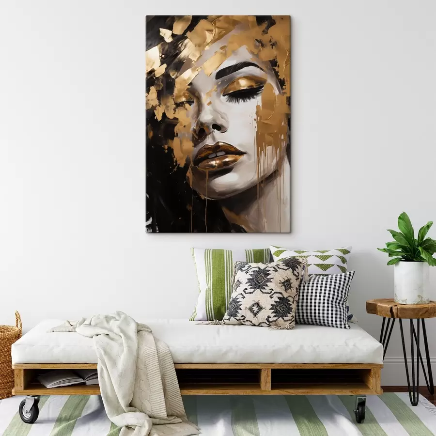 Pilt Abstraktne portree naisest, millel on rikkalikud pintslitõmbed soojades toonides, luues elava ja dramaatilise pildi. s42619