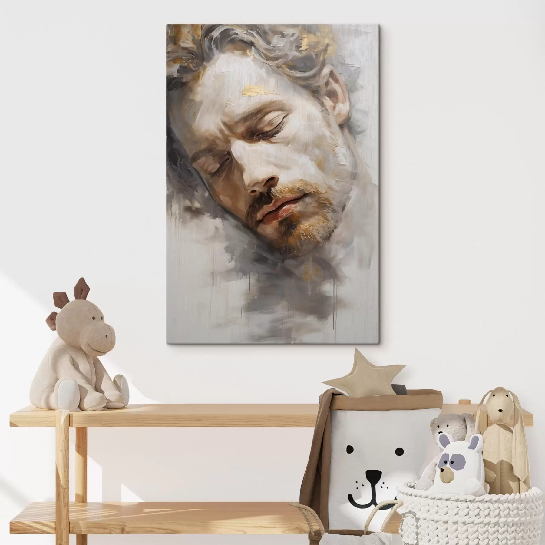 Pilt Abstraktne portree suletud silmadega mehest, mis on esitatud pehmete soojade toonidega ja sujuvate pintslitõmmetega, mis tekitavad rahuliku tunde. s42621