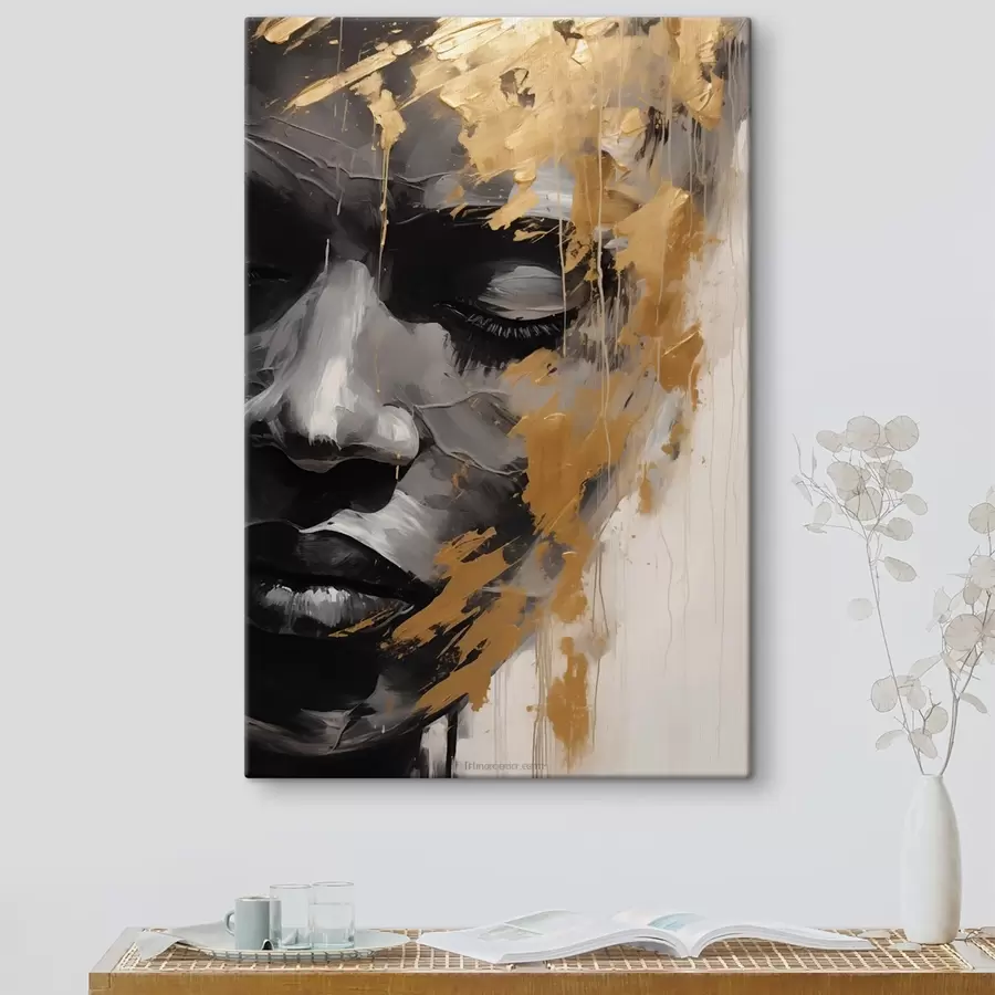 Pilt Abstraktne portree naisest must-valgetes toonides, millele on lisatud kontrasti ja emotsionaalset sügavust andvaid julgeid sooja värvi pintslitõmmiseid. s42622