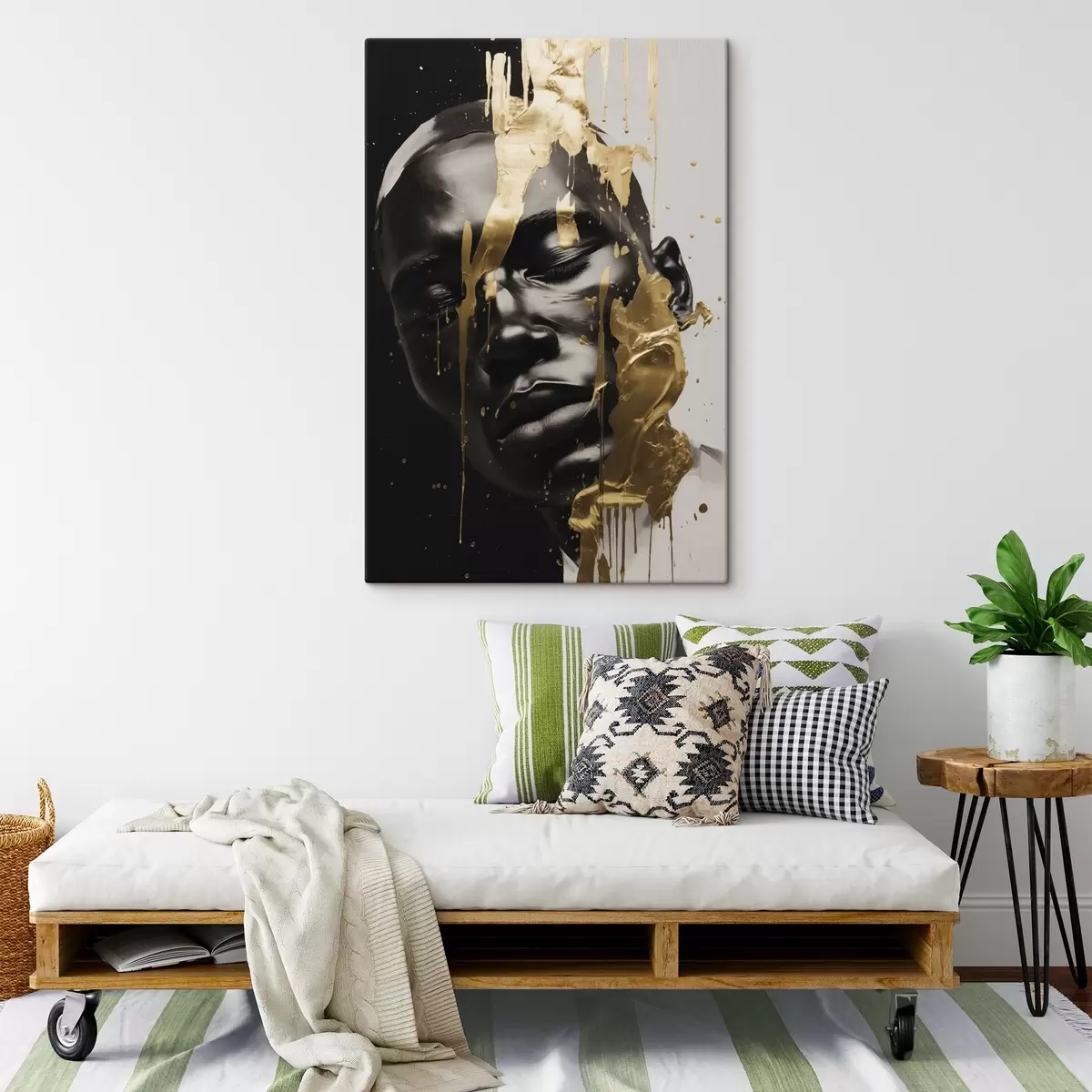 Pilt Abstraktne mehe portree, mis on maalitud sujuvates must-valgetes toonides, mida rõhutavad erksad soojavärvilised pintslitõmbed, mis loovad dünaamilise efekti. s42623