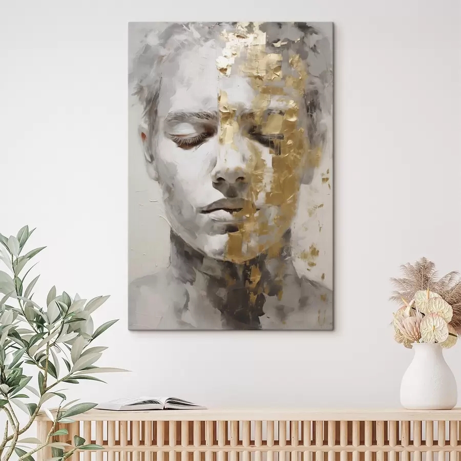 Pilt Abstraktne portree suletud silmadega, mis on esitatud heledates toonides ja kontrastsete soojade pintslitõmmetega, mis loovad sügava ja meditatiivse meeleolu. s42624