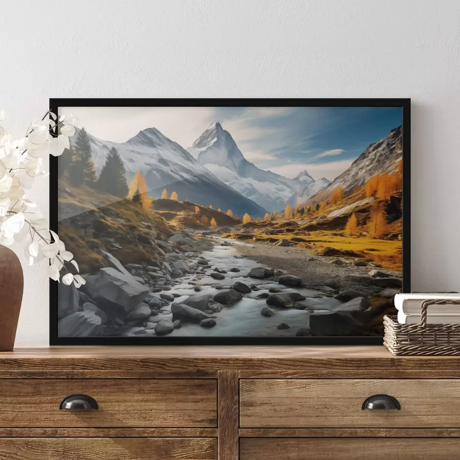 Fototapeedid Sügisene mägimaastik kiirevoolulise jõega, puudega ja majesteetliku mäetipuga heleda taeva taustal. f42564