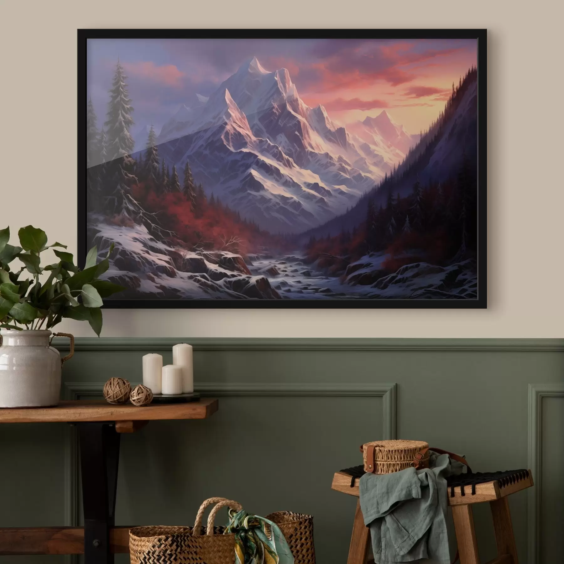 Fototapeedid Hingemattev mägimaastik päikeseloojangul koos lumekattega tippude, tumedate mändide ja pehmete roosa-lillade toonidega taevas. f42566