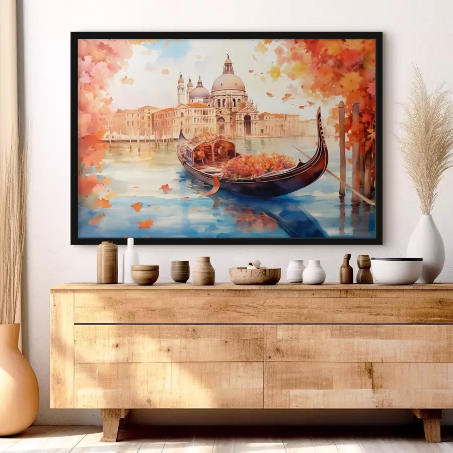 Fototapeedid Sügisene vaade Veneetsiale, kus gondlit ümbritsevad erksavärvilised oranžid ja punased lehed ning hoonete peegeldused rahulikus kanalivees. f42576