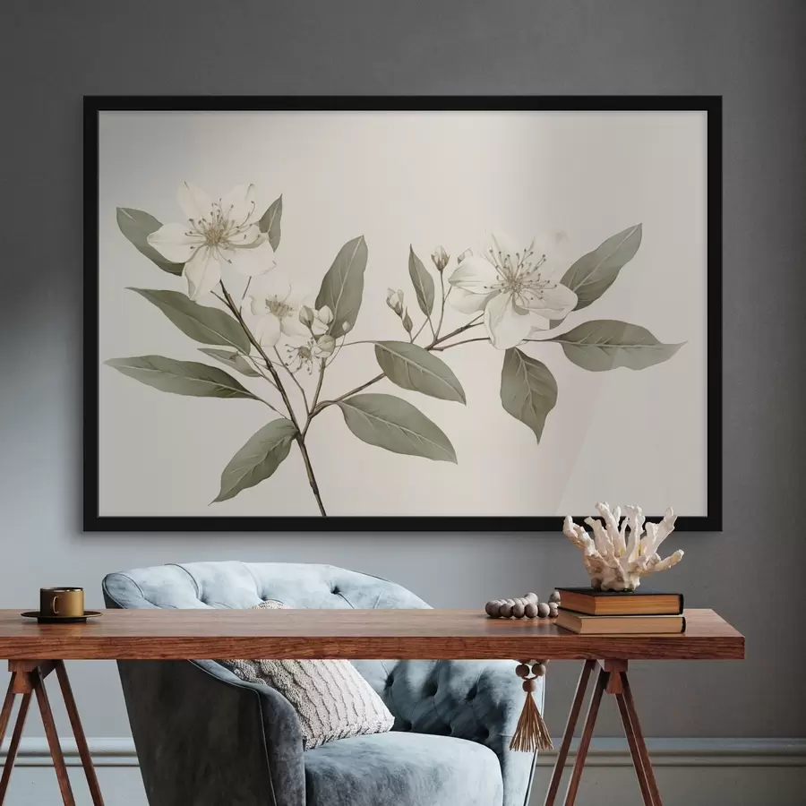 Fototapeedid Valge lillede ja roheliste lehtedega hõrk okas heledal taustal, pehmete detailide ja elegantse stiiliga. f42583