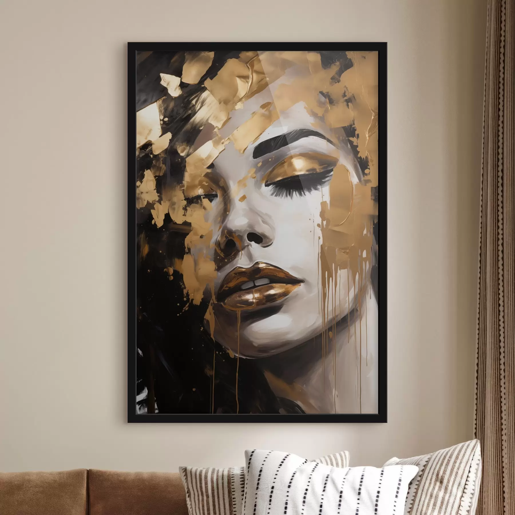 Fototapeedid Abstraktne portree naisest, millel on rikkalikud pintslitõmbed soojades toonides, luues elava ja dramaatilise pildi. f42619