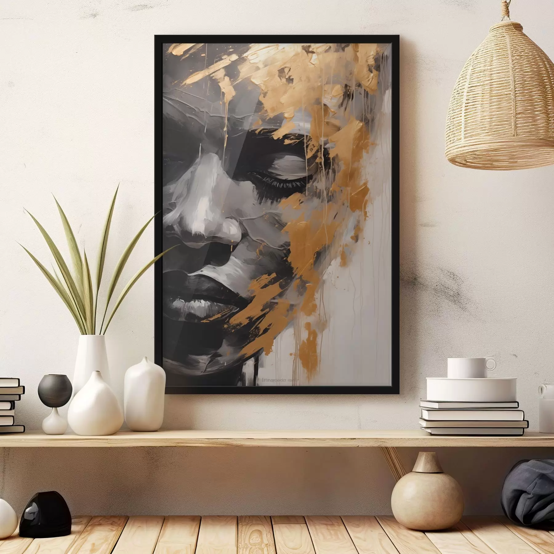 Fototapeedid Abstraktne portree naisest must-valgetes toonides, millele on lisatud kontrasti ja emotsionaalset sügavust andvaid julgeid sooja värvi pintslitõmmiseid. f42622