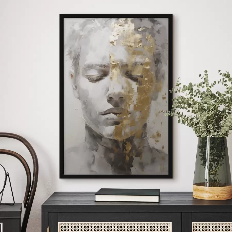 Fototapeedid Abstraktne portree suletud silmadega, mis on esitatud heledates toonides ja kontrastsete soojade pintslitõmmetega, mis loovad sügava ja meditatiivse meeleolu. f42624