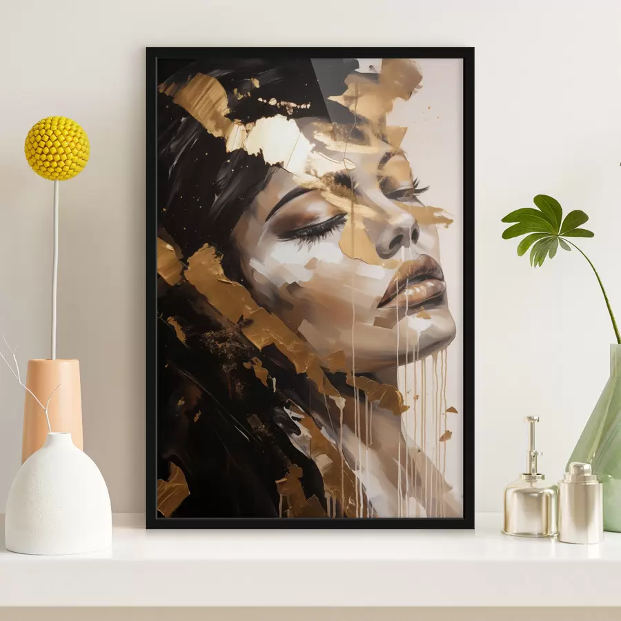 Fototapeedid Pehme näoilmega naise abstraktne portree, mis on esitatud soojades toonides ja dünaamiliste pintslitõmmetega, mis lisavad sügavust ja emotsiooni. f42627