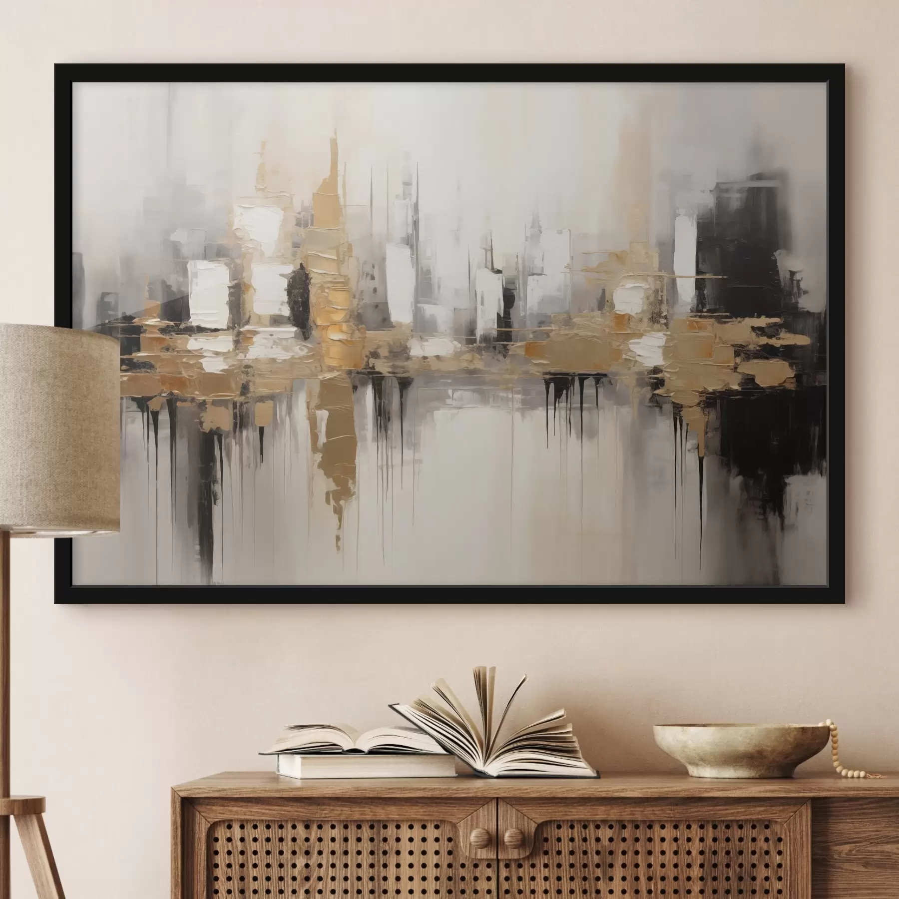 Fototapeedid Abstraktne linnapilt hoonete peegeldustega vees, mis on loodud neutraalsetes toonides ja soojade toonide aktsentidega. f42628