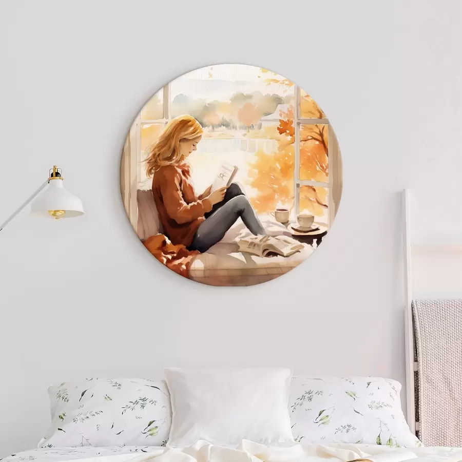 Pilt Tüdruk loeb raamatut avatud akna juures sügiseses maastikus, taustal heledad puud ja lähedal tass teed. r42572