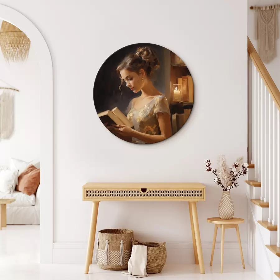 Pilt Noor naine elegantses kleidis, kes loeb raamatut atmosfäärilises valguses, mida ümbritsevad raamaturiiulid ja küünalde pehme kuma r42570