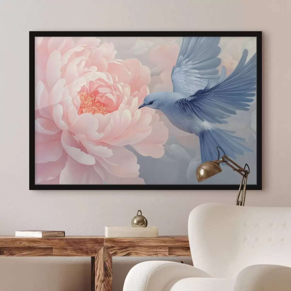 Plakat Sinine kolibri ja pioon f42618