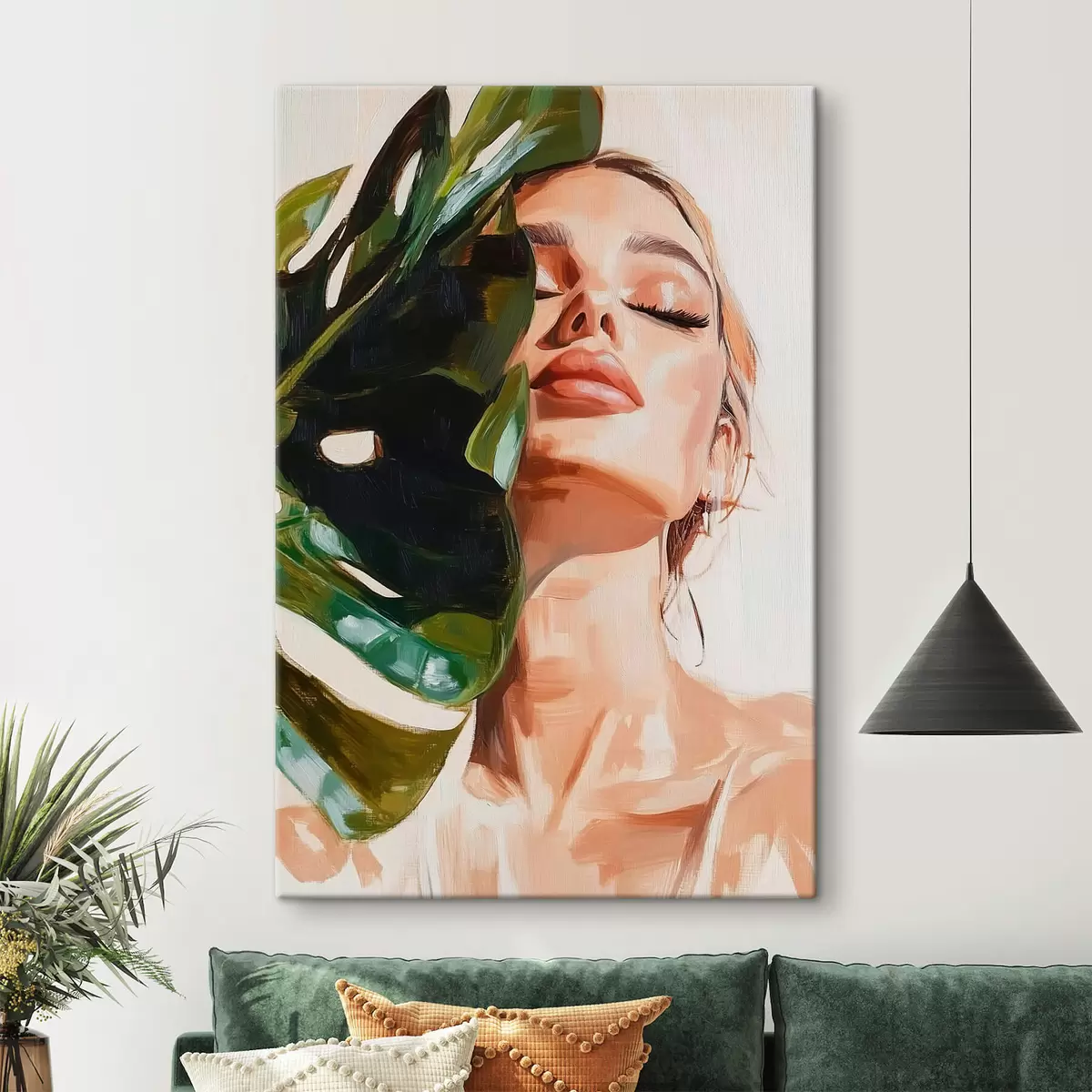 Pilt Naisportree koos monstera lehega, millel on pintslitõmmete imitatsioon s42597