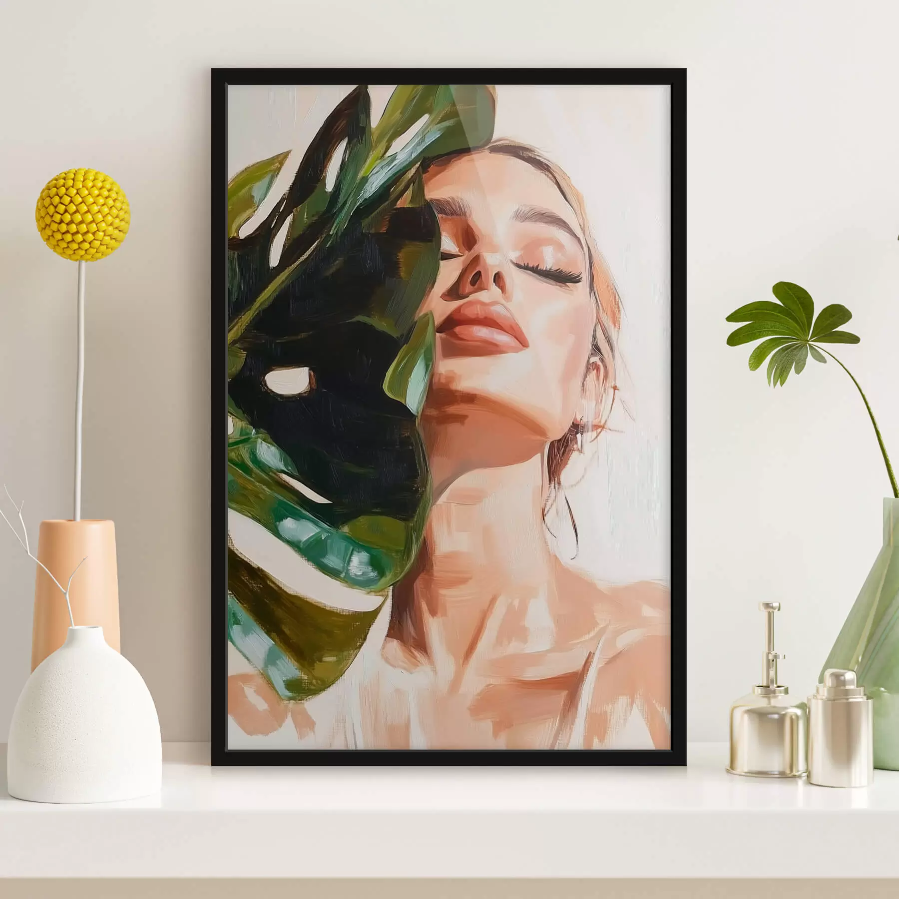 Fototapeedid Naisportree koos monstera lehega, millel on pintslitõmmete imitatsioon f42597