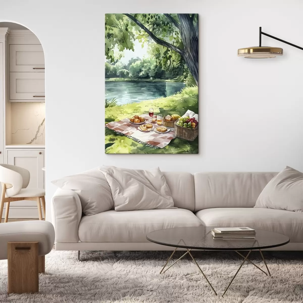 Pilt Kaunis romantiline piknik suvise järve ääres, puuviljad, rohelus s42451